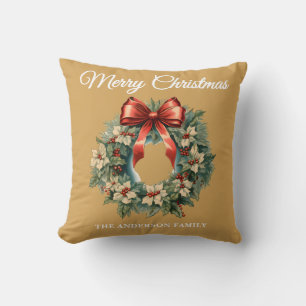 Gold Holly Berry Christmas Wreath Cushion