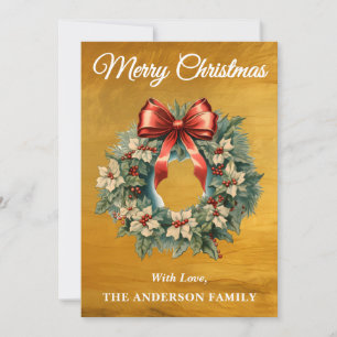 Gold Holly Berry Christmas Wreath Holiday Card