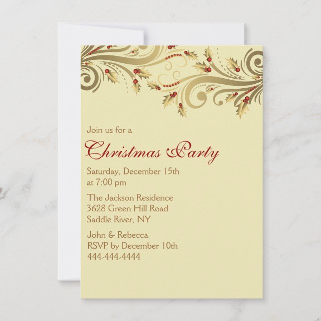 Gold Holly Flourish Christmas Party Invite (Front)