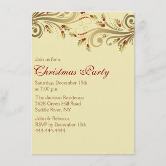 Gold Holly Flourish Christmas Party Invite