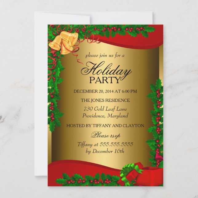Gold Holly Leaves Bell Christmas Holiday Invite (Front)
