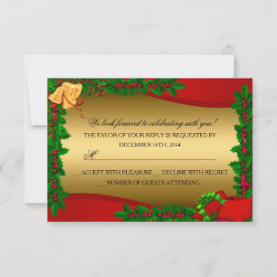 Gold Holly Leaves Bell Christmas Holiday RSVP
