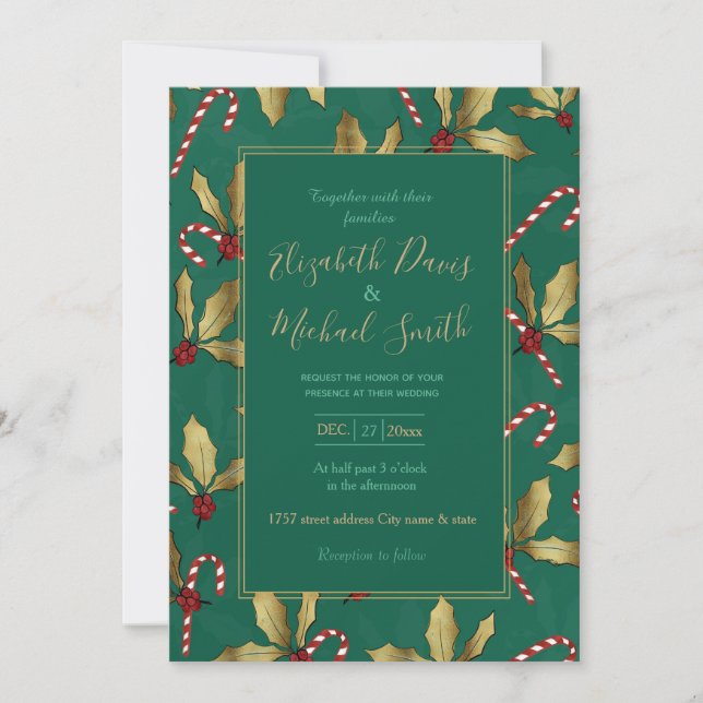 Gold Holly Leaves Red Berries Candy Cane Green Invitation (Front)