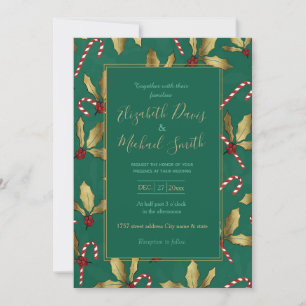 Gold Holly Leaves Red Berries Candy Cane Green Invitation