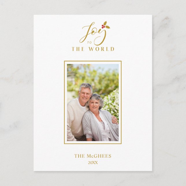 Gold Holly Minimalist Chic Christmas Photo Family Postcard (Front)