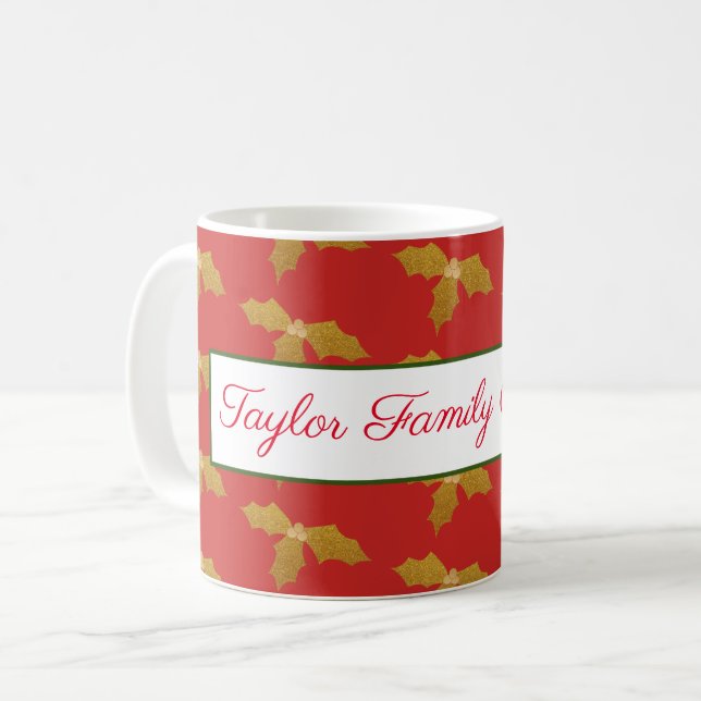 Gold Holly on Red Customisable Coffee Mug (Front Left)