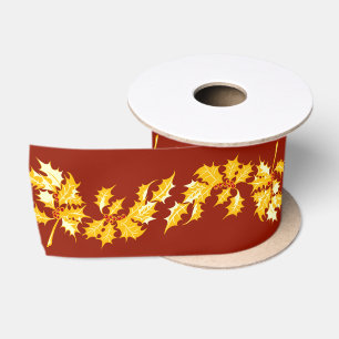 Gold Holly on Red Satin Ribbon