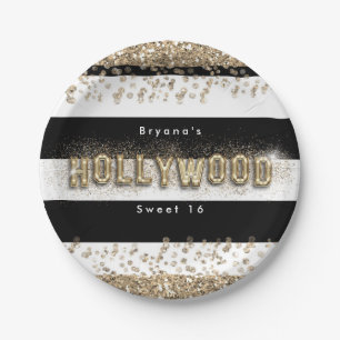 Gold Hollywood Black & White Stripes Party Plates