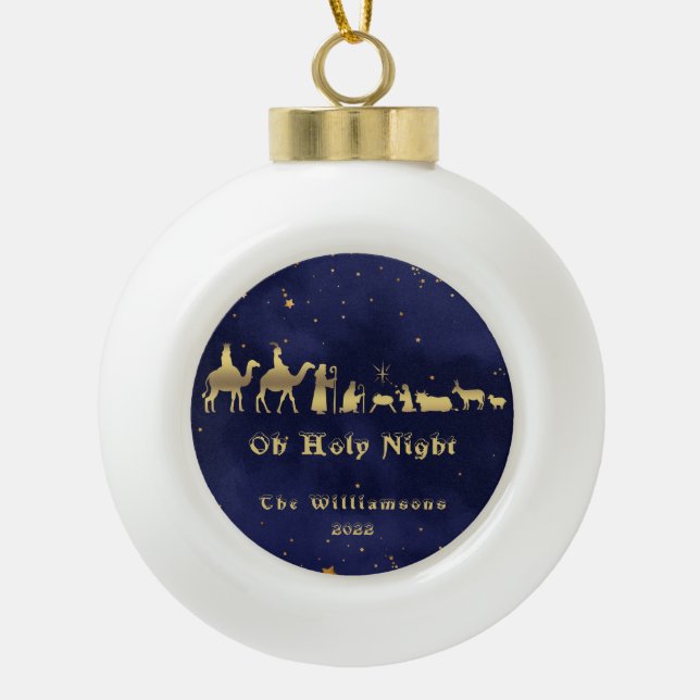 Gold Holy Night Christmas Ceramic Ornament (Front)