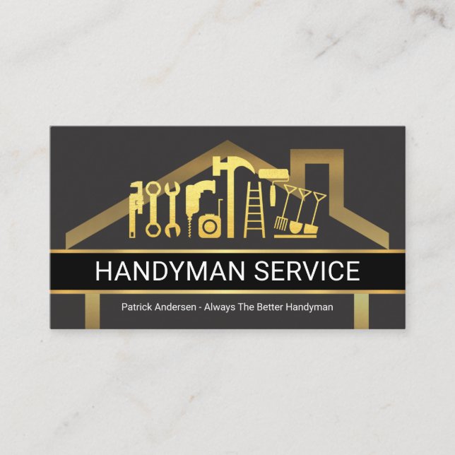 Gold Home Building Frame With Handyman Tools Business Card (Front)
