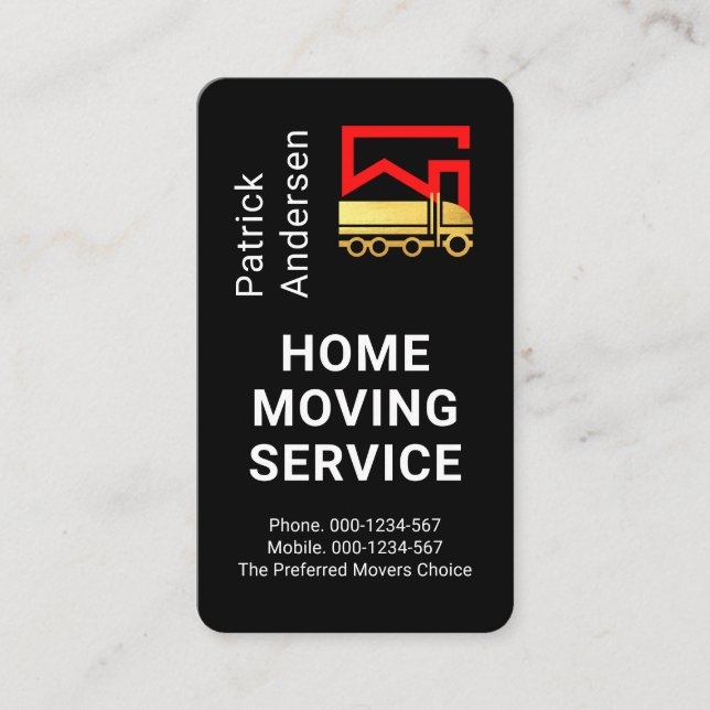 Gold Home Movers Truck On Black Layer Business Card (Front)