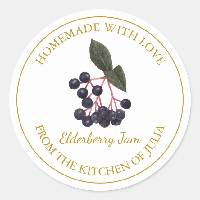 Gold Homemade Elderberry Jam Label | White (Front)