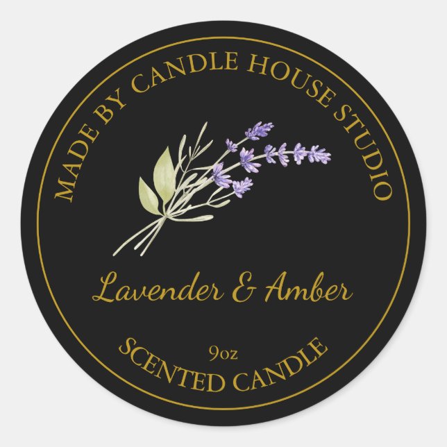 Gold Homemade Lavender Candle Label | Black (Front)