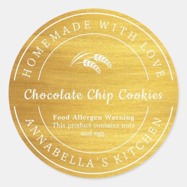 Gold Homemade with Love Food Allergen Warning Classic Round Sticker (Front)