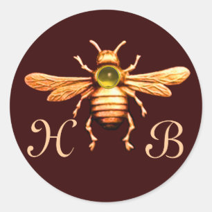 GOLD HONEY BEE / BEEKEEPER BEEKEEPING MONOGRAM CLASSIC ROUND STICKER