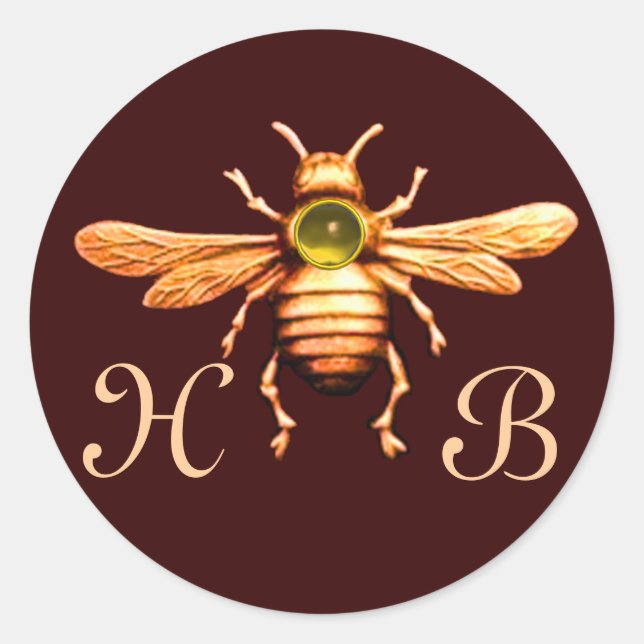 GOLD HONEY BEE / BEEKEEPER BEEKEEPING MONOGRAM CLASSIC ROUND STICKER (Front)