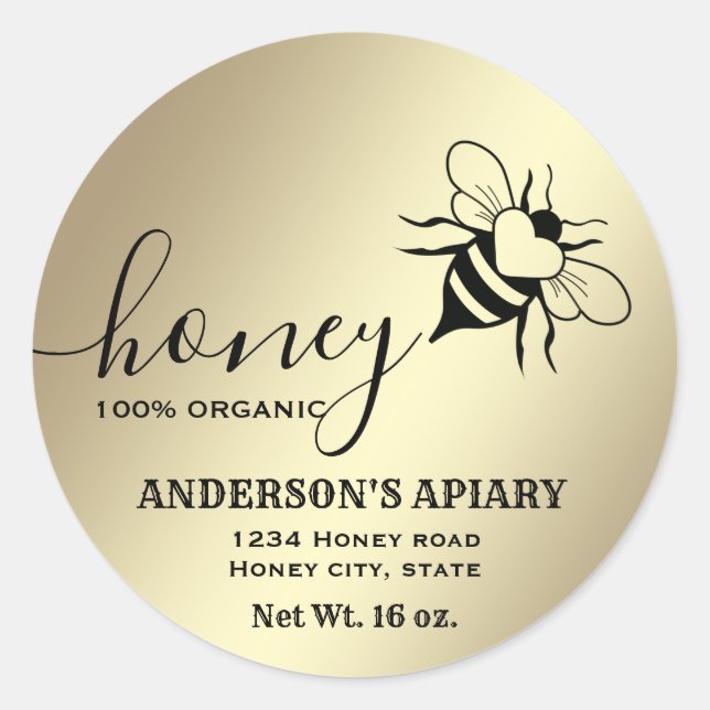 Gold honeybee script honey jar classic round sticker (Front)