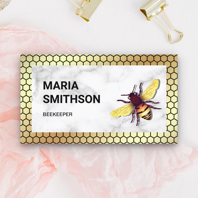 Gold Honeycomb White Marble Honey Bee Beekeeper Business Card (Creator Uploaded)