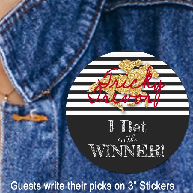 Gold Horse Black and White Stripes Derby Race Classic Round Sticker (Give your guests a red pen and a sticker to write their picks for the derby winner for your party.)
