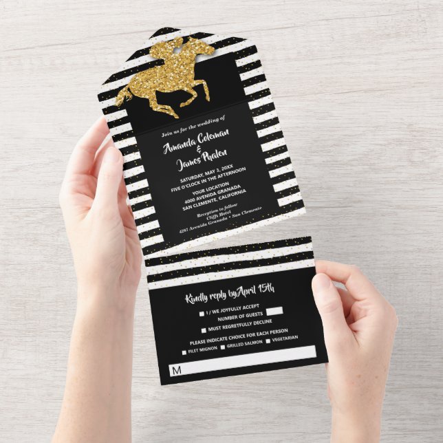 Gold Horse Black and White Stripes Wedding All In  All In One Invitation (Tearaway)