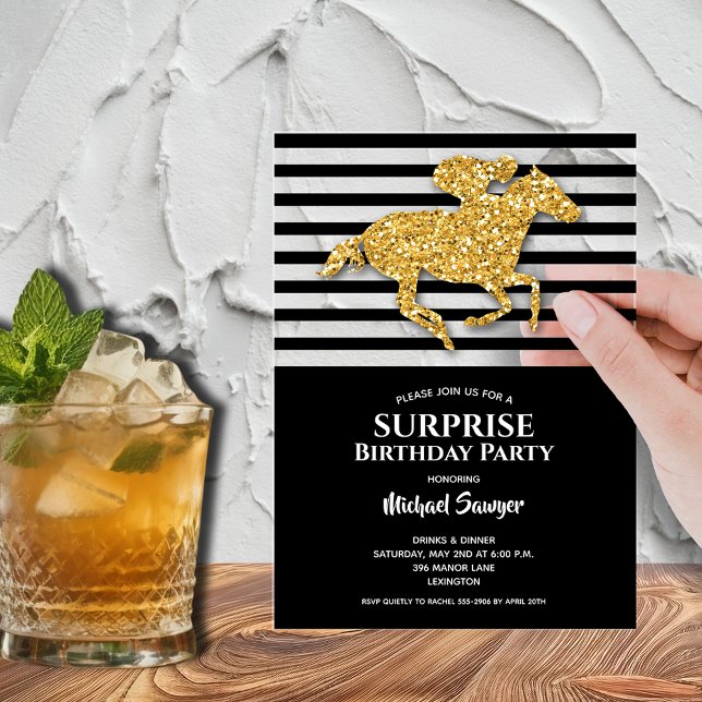 Gold Horse Black White Stripes Birthday Acrylic Invitations (Gold faux glitter racehorse surprise birthday party acrylic invitations - order clear or frosted)