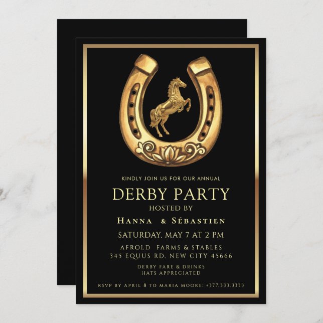 gold Horse Derby Party Equestrian  Invitation (Front/Back)