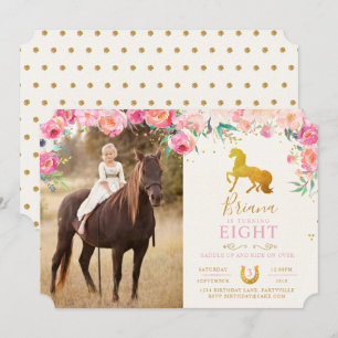 Gold Horse & Floral Photo Birthday Invitation