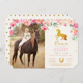 Gold Horse & Floral Photo Birthday Invitation