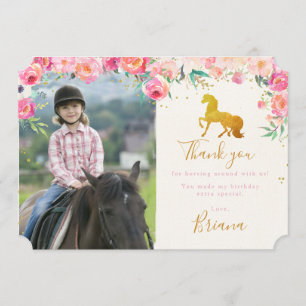 Gold Horse & Floral Photo Thank you card