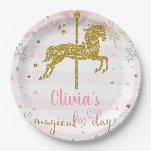 Gold horse girl birthday customised paper plate. paper plate (Front)