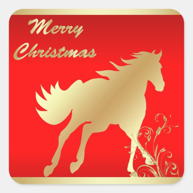 Gold Horse on Red Merry Christmas Square Sticker (Front)
