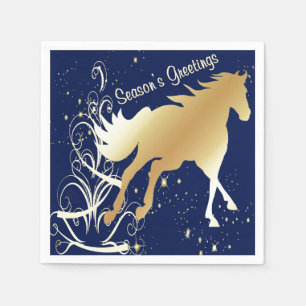 Gold Horse Print on Dark Blue Seasons Greetings Napkin