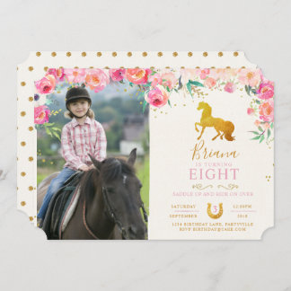 Gold Horse with Flowers Photo Birthday Invitation
