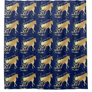 Gold Horse With Gold Accents On Blue Seasons Greet Shower Curtain