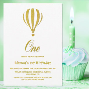 Gold Hot Air Balloon 1st Birthday Party Invitation