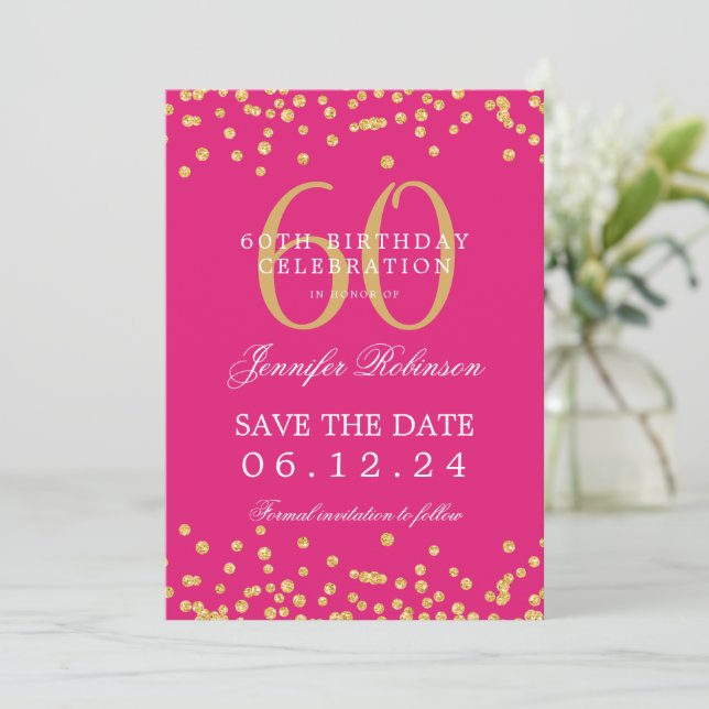 Gold Hot Pink 60th Birthday Save the Date Details Invitation (Standing Front)