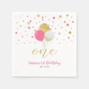 Gold Hot Pink Balloons Confetti Girl 1st Birthday Napkin
