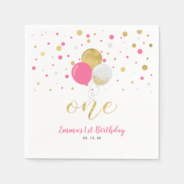 Gold Hot Pink Balloons Confetti Girl 1st Birthday Napkin (Front)