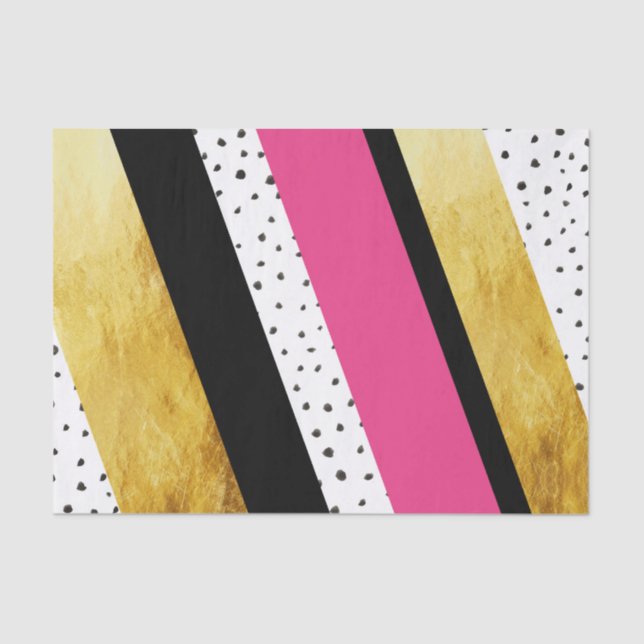 Gold Hot Pink Black White Dots Stripes Tissue Paper (Front)