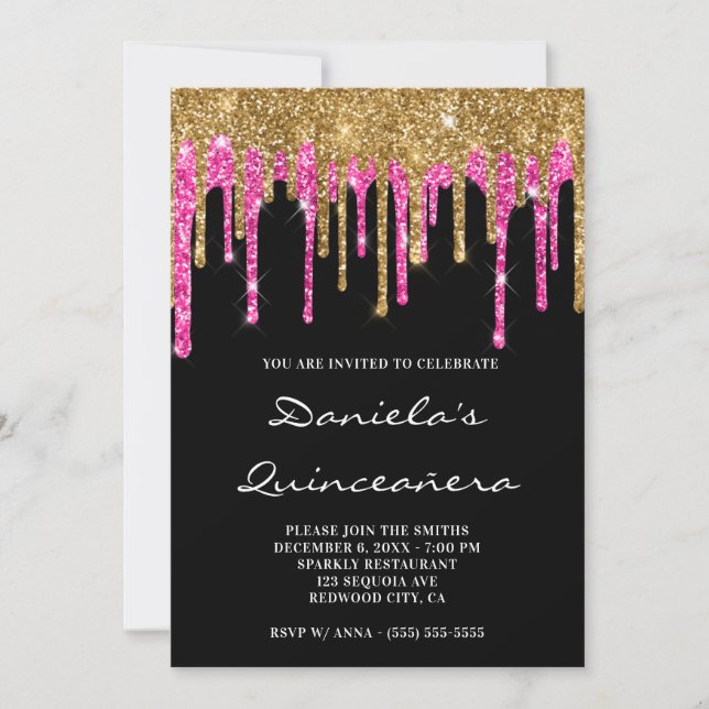 Gold Hot Pink Glitter Drips Black Quinceañera Invitation (Front)