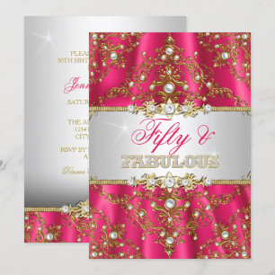 Gold & Hot Pink Pearl Damask Fifty and Fabulous Invitation