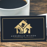 Gold House Cleaning Services Business Card<br><div class="desc">Modern cleaning services business card features cleaning equipment inside gold house icon,  name and title on the front on a dark background. Perfect for domestic and industrial cleaning services.</div>