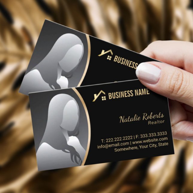 Gold House Logo Real Estate Realtor Black Photo Business Card (Creator Uploaded)