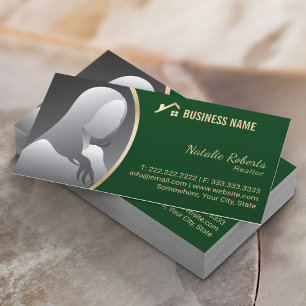 Gold House Logo Real Estate Realtor Green Photo Business Card