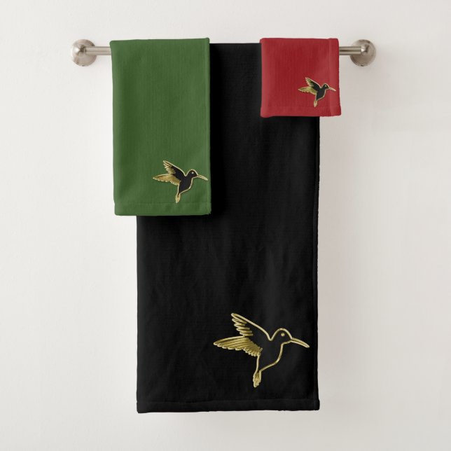 Gold Hummingbird with wings stretched out (mix) Bath Towel Set (Insitu)