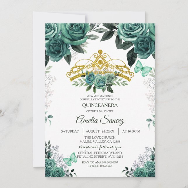 Gold & Hunter Emerald Green Mis Quince Invitation (Front)