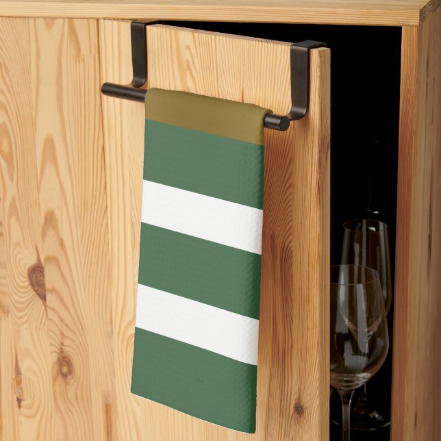 Gold Hunter-Green And White Stripes  Tea Towel (Thirds Fold)