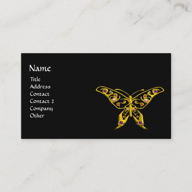 GOLD HYPER BUTTERFLY,COLORFUL GEMSTONES Black Business Card (Front)