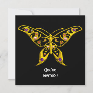 GOLD HYPER BUTTERFLY,GEMSTONES Black Wedding Invitation