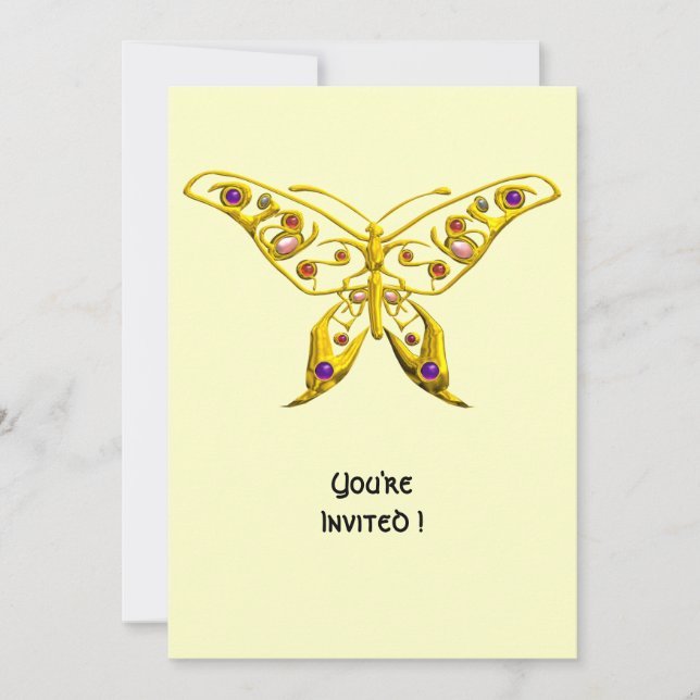 GOLD HYPER BUTTERFLY,GEMSTONES Cream Wedding Invitation (Front)